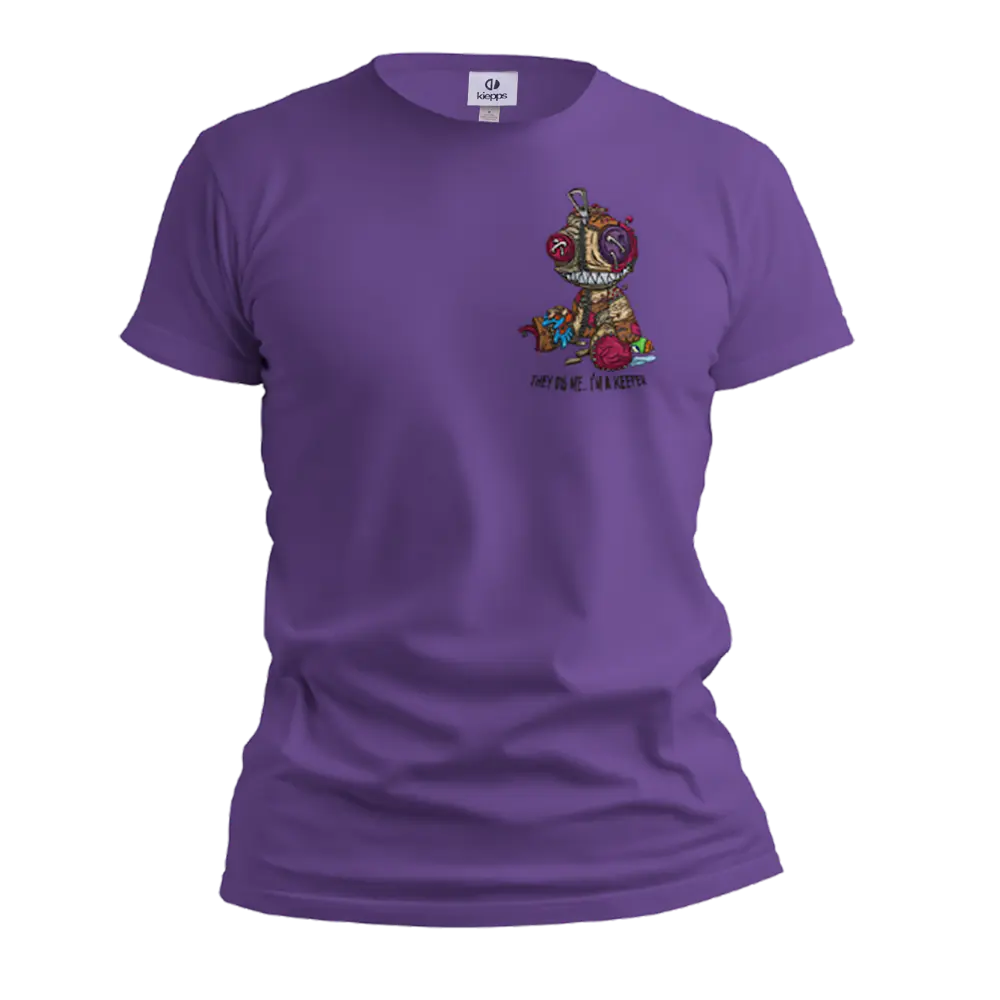 Purple t-shirt with a colorful graphic on the chest against a white background