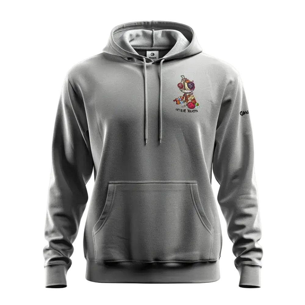 Gray hoodie with a colorful graphic on the chest against a white background