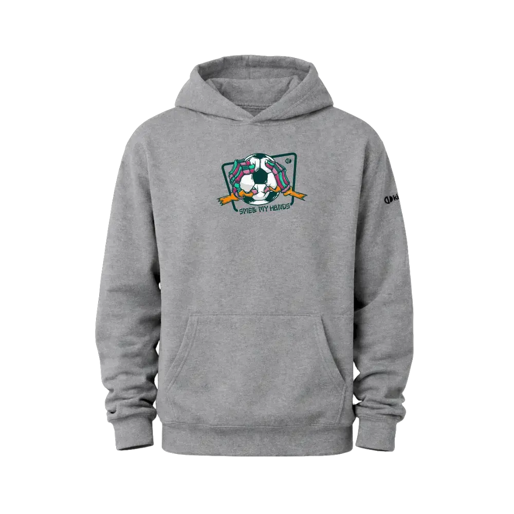 Gray hoodie with a graphic design on a white background