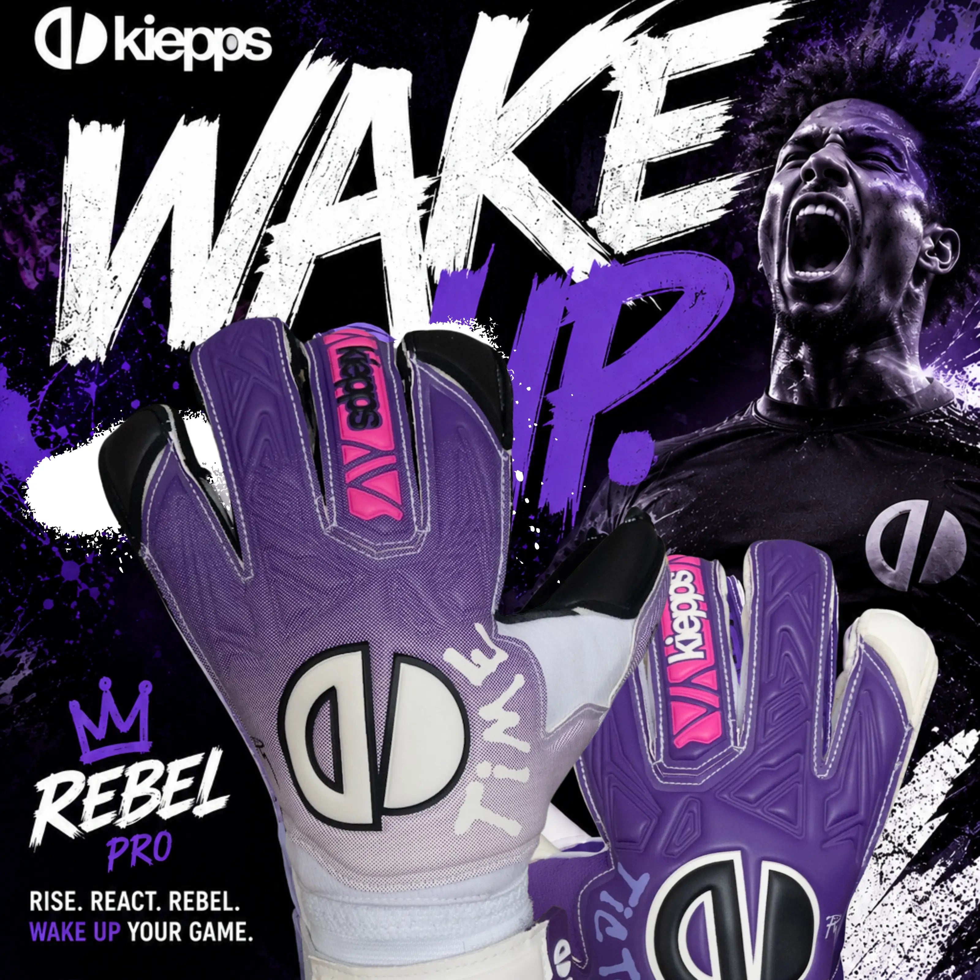 Kiepps Rebel Pro soccer gloves in purple, white, and black, displayed against a dynamic purple and black graphic background featuring a player and bold text.