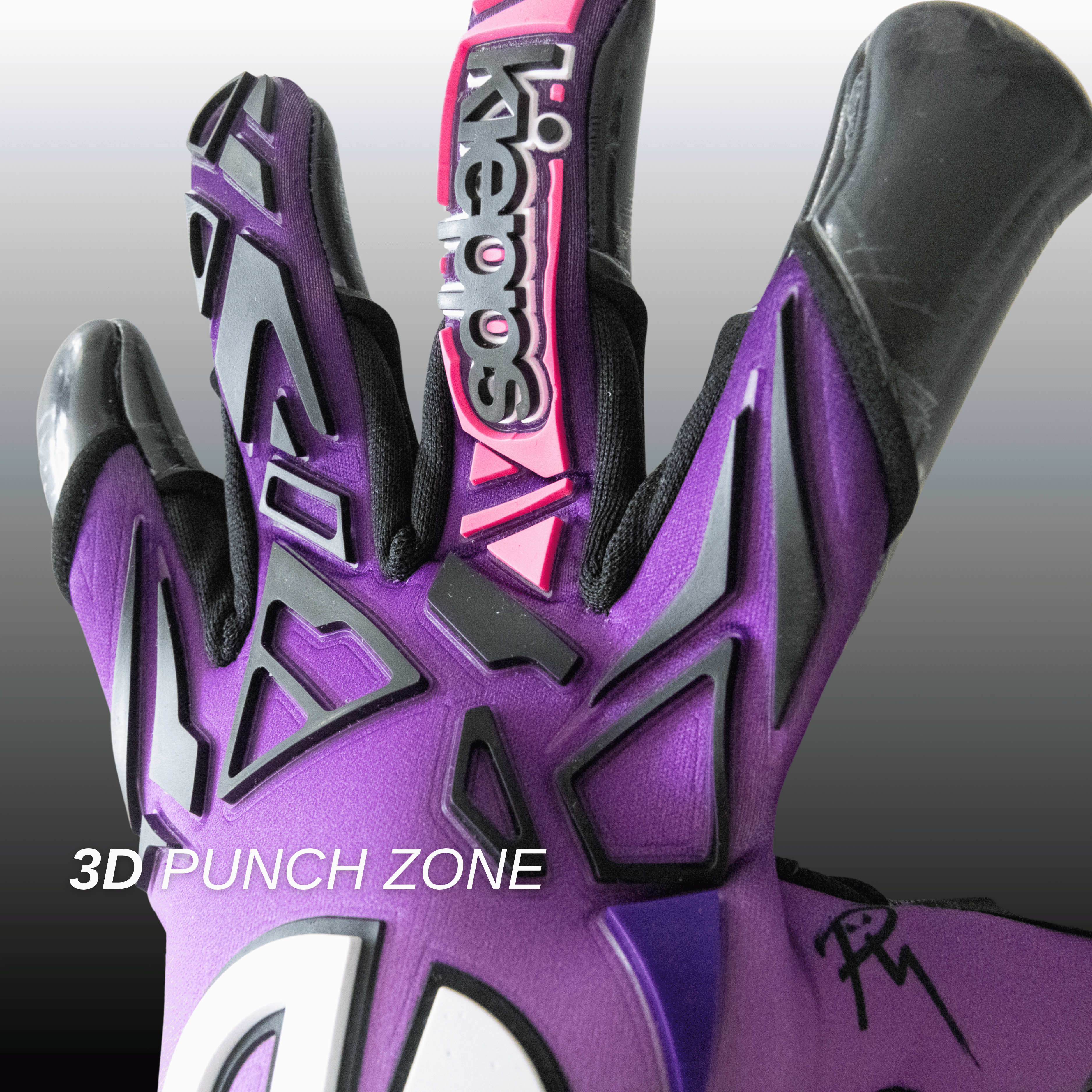A close-up of a purple and black goalkeeper glove with pink accents and the brand name 'Kevoo' visible on the finger strap. The glove is shown against a gradient gray background with '3D PUNCH ZONE' text overlaid near the bottom left.
