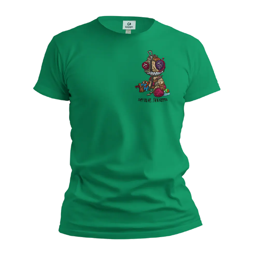 Green t-shirt with a colorful graphic on a white background