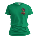Green t-shirt with a colorful graphic on a white background