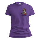 Purple t-shirt with a colorful graphic on the chest against a white background