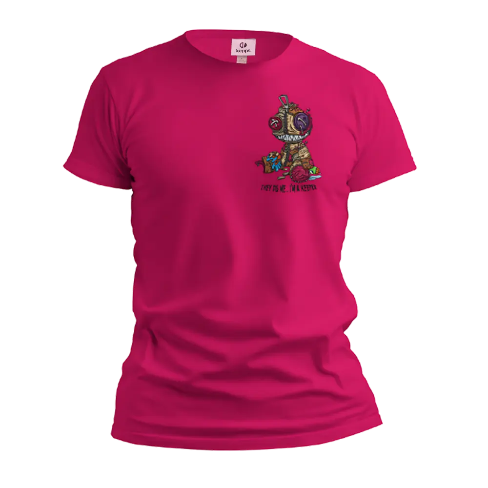 Pink t-shirt with a graphic design on a white background