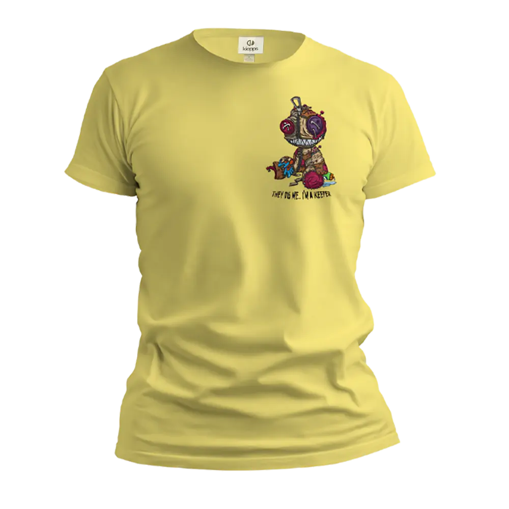 Yellow t-shirt with a graphic design on a white background