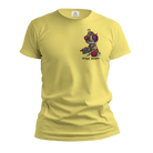 Yellow t-shirt with a graphic design on a white background