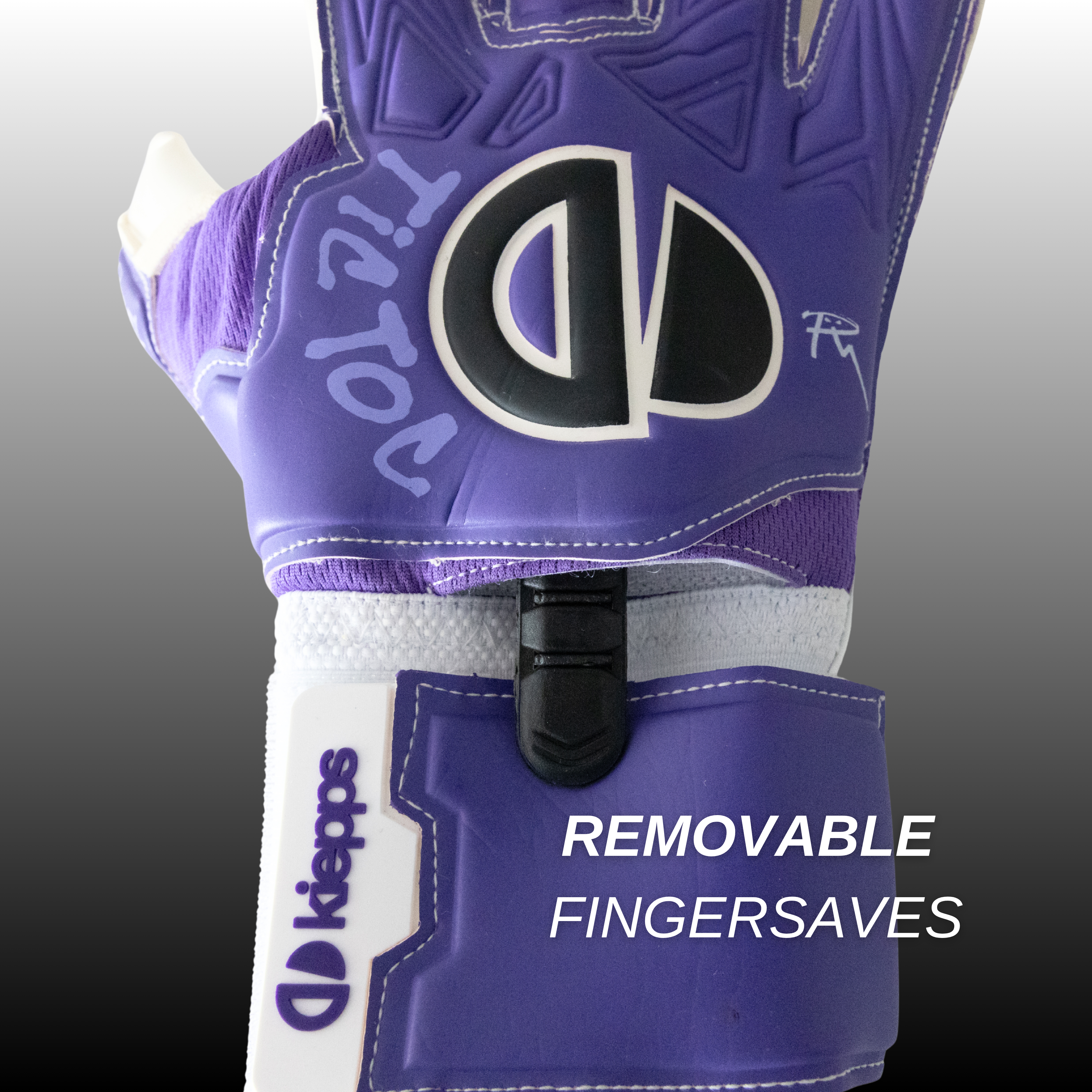 A close-up of a white martial arts glove with a purple wrist strap featuring a white circular logo. The brand name 'kiepps' is printed in black on the back of the glove, and a large black stylized 'K' logo is overlaid on the left side of the image.