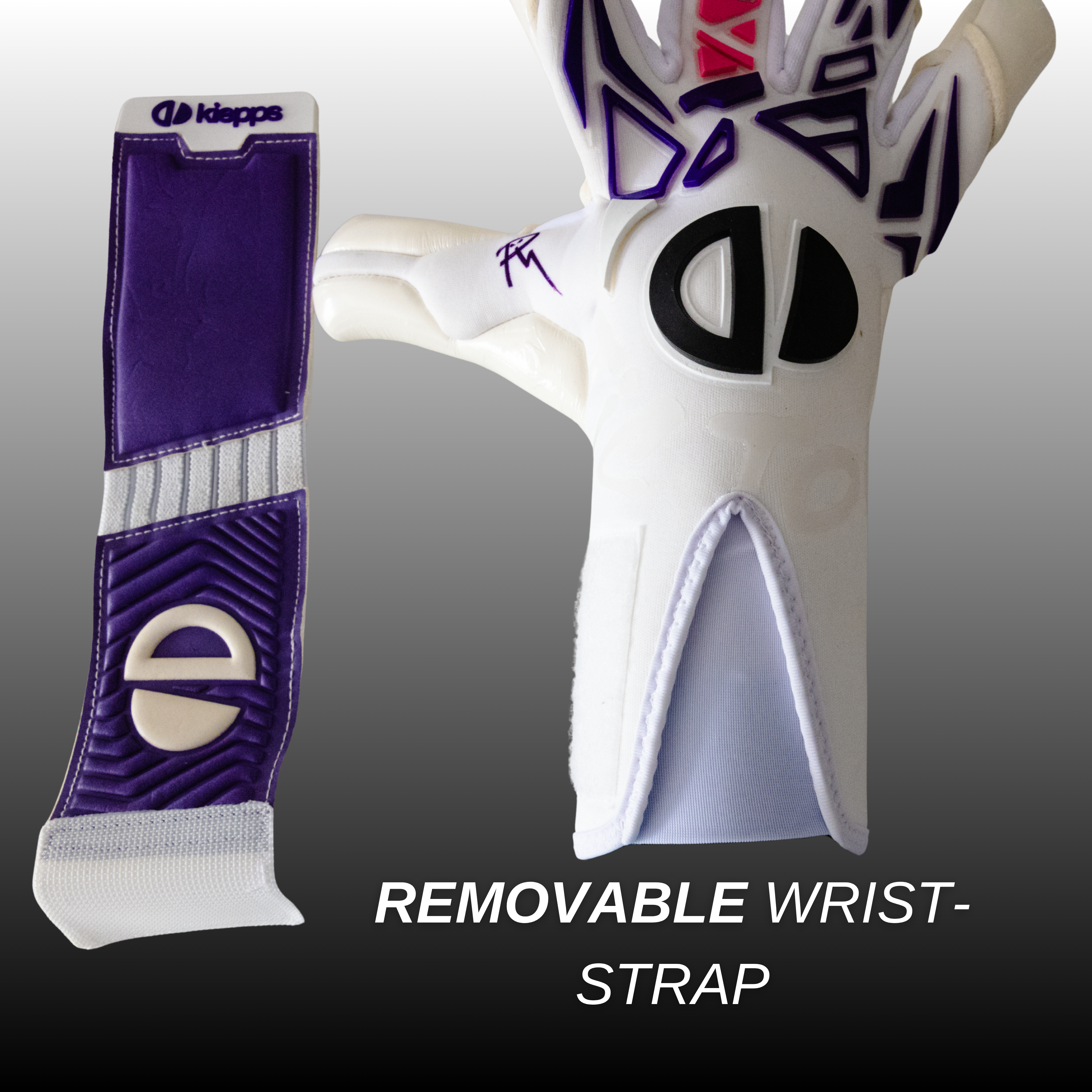 Close-up of a black and white Kiepps goalkeeper glove with a white wrist wrap, shown against a white background.