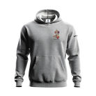 Gray hoodie with a colorful graphic on the chest against a white background