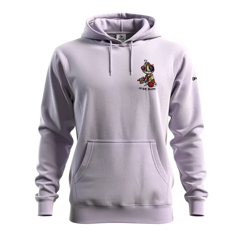 Light gray hoodie with a small graphic on the chest against a white background