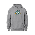 Gray hoodie with a graphic design on a white background