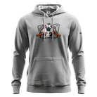 Gray hoodie with a logo on the chest against a white background