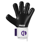 A single goalkeeper glove by Kiepps, featuring a black finger section and a white wrist strap with a purple logo, shown against a plain white background.