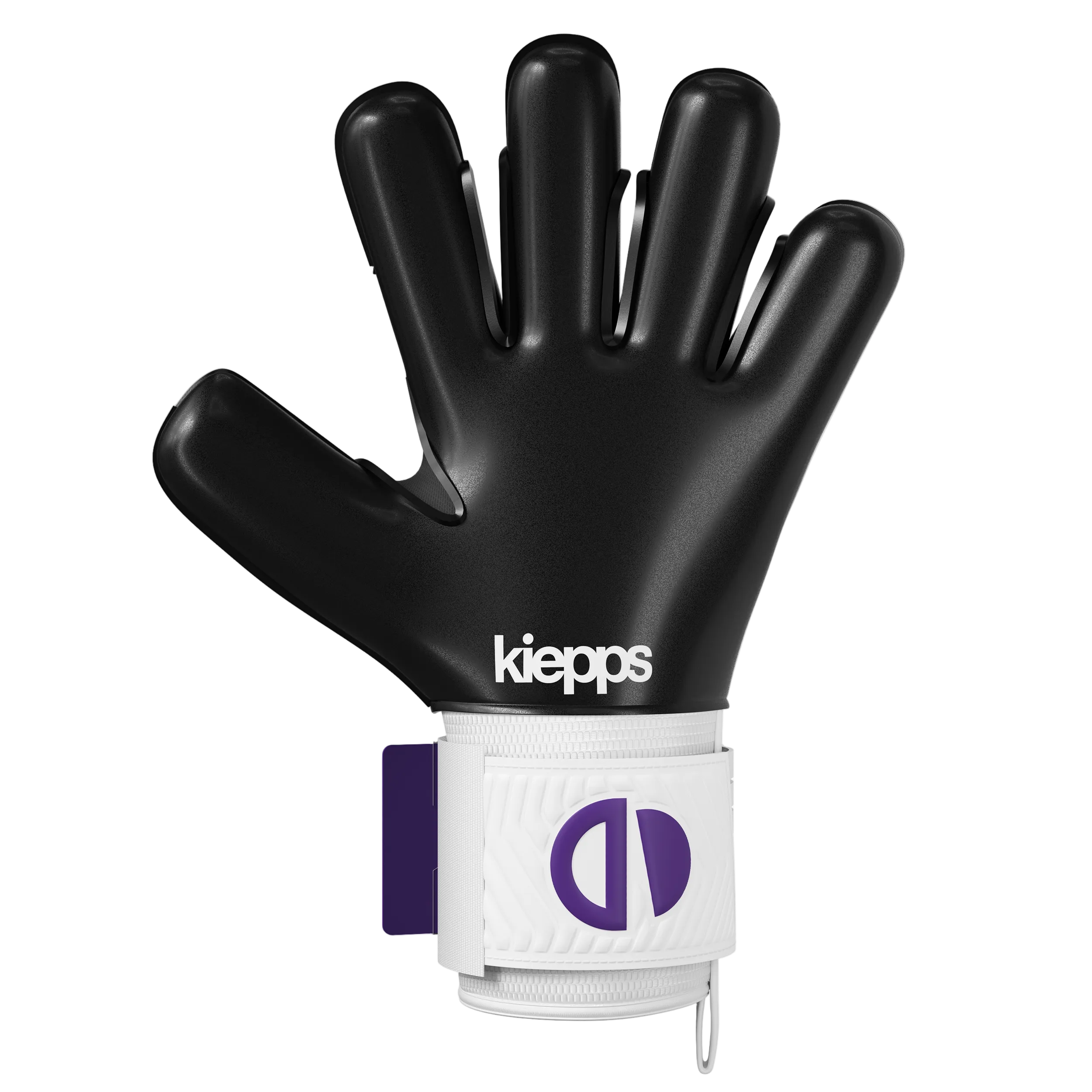 A single goalkeeper glove by Kiepps, featuring a black finger section and a white wrist strap with a purple logo, shown against a plain white background.