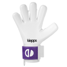 A white goalkeeper glove with a purple wrist strap featuring a white logo, shown against a plain white background.