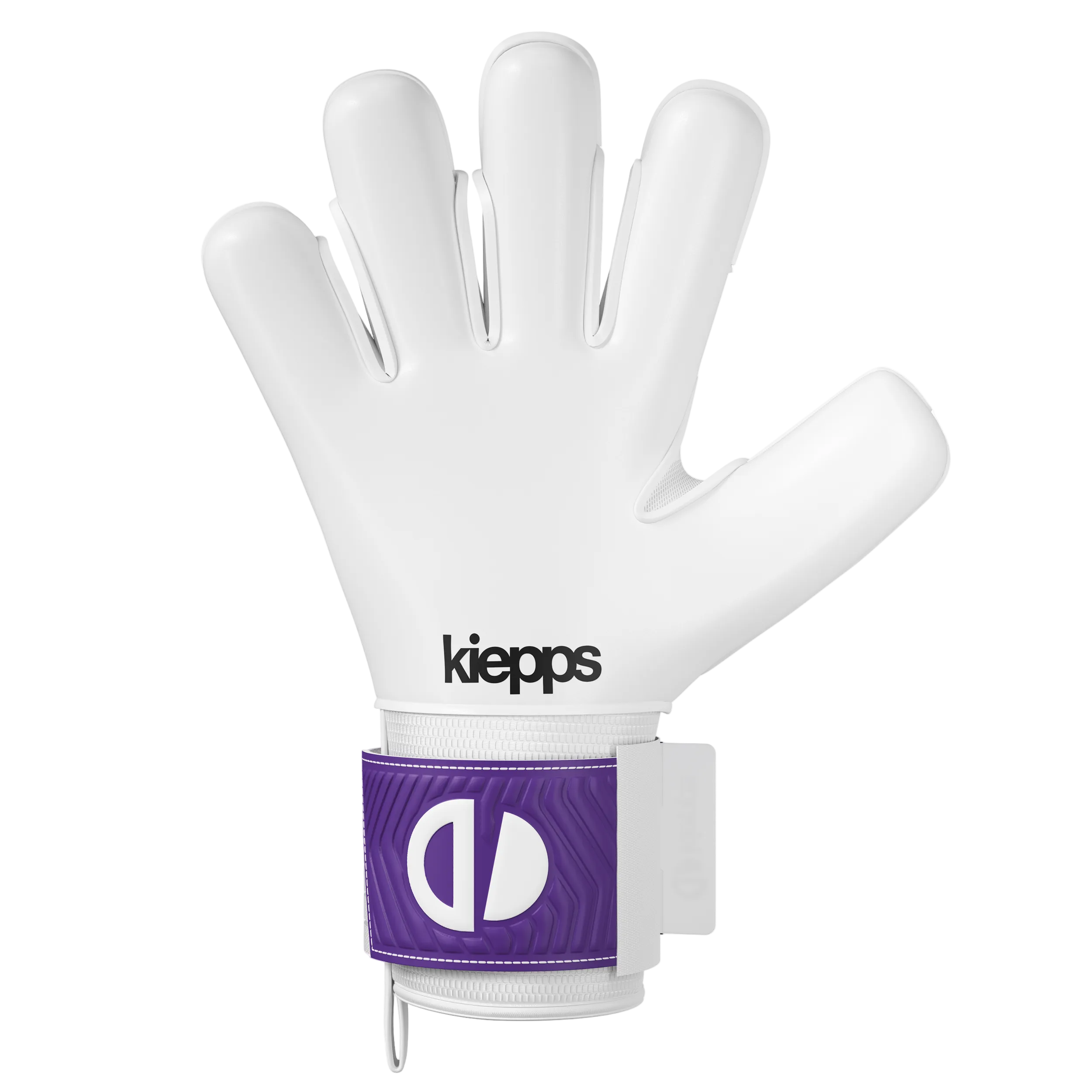 A white goalkeeper glove with a purple wrist strap featuring a white logo, shown against a plain white background.