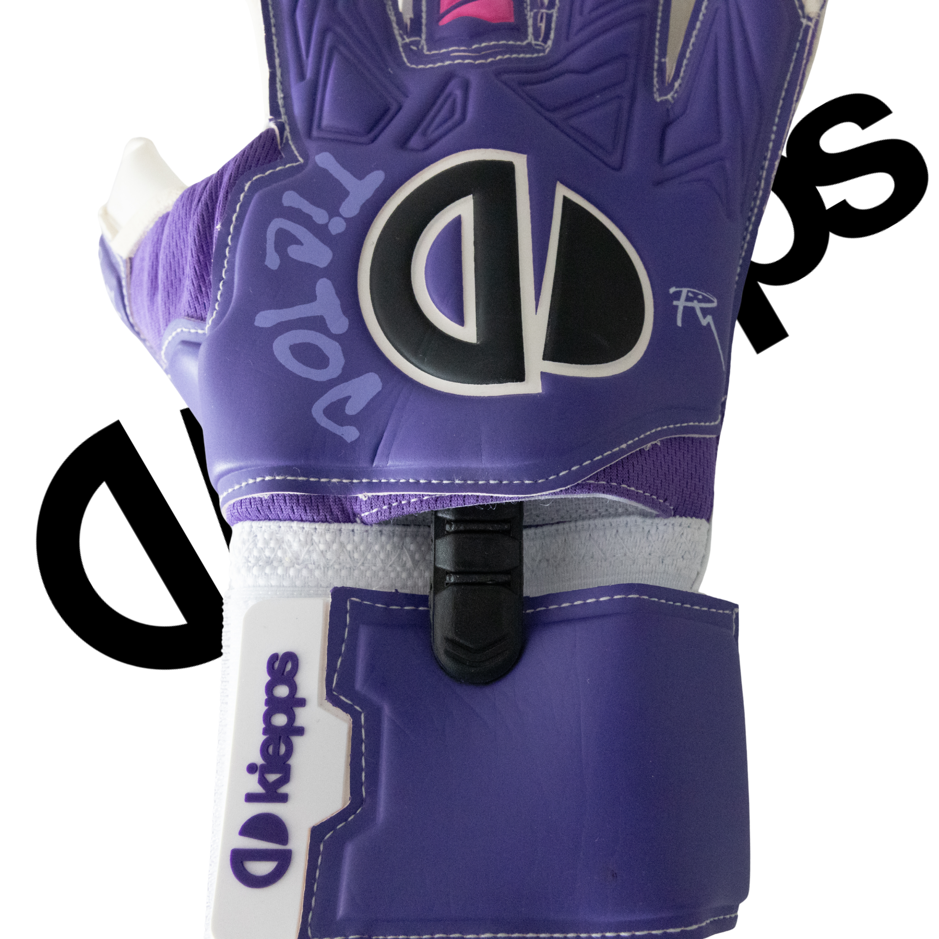 A purple goalkeeper glove with a black and white 'DD' logo on the back, featuring 'Til Tots' text on the side and a white cuff label reading 'DD Kiepps'.