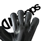 A close-up of a black leather goalkeeper glove with a glossy finish, shown against a white background with a stylized black diagonal watermark overlay.