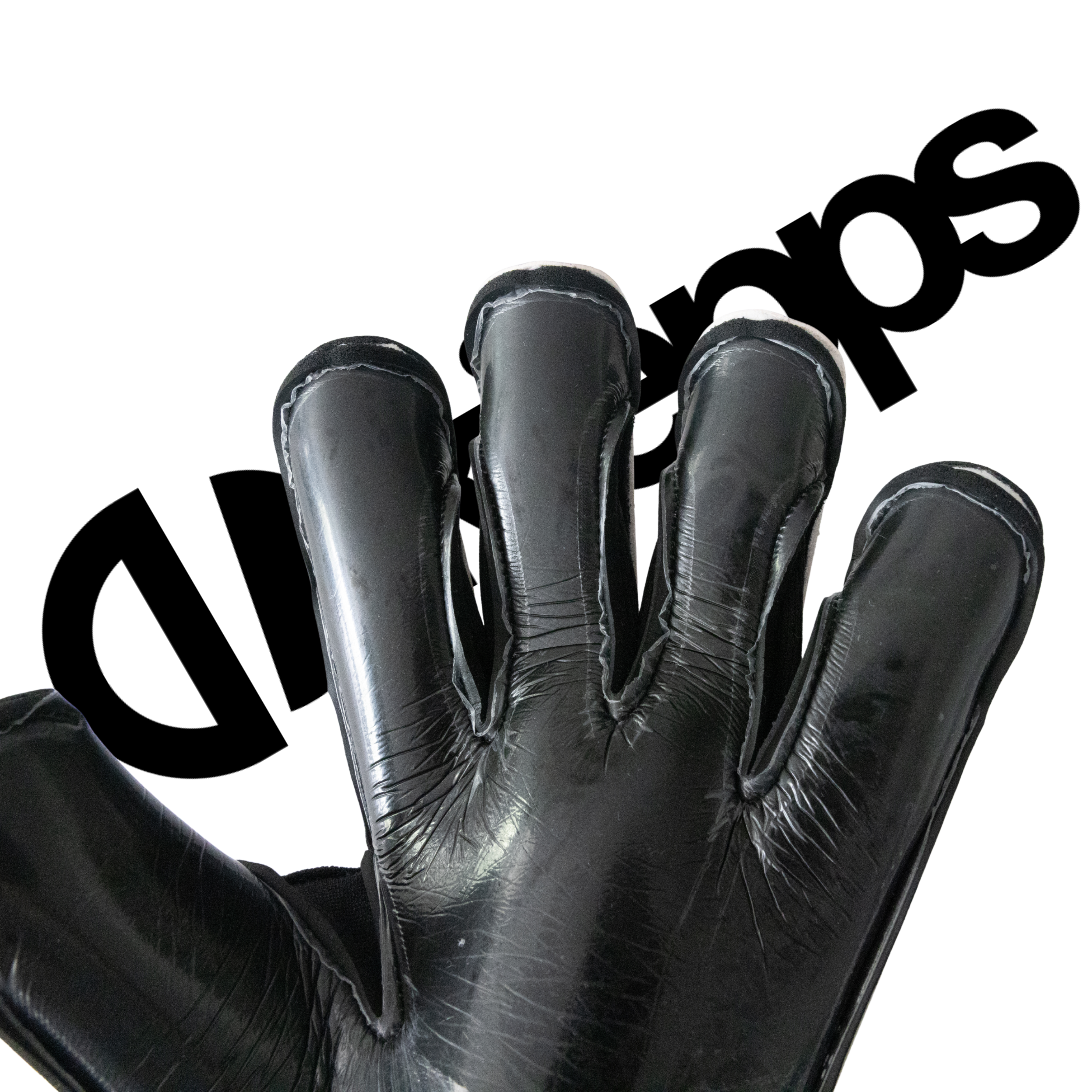 A close-up of a black leather goalkeeper glove with a glossy finish, shown against a white background with a stylized black diagonal watermark overlay.