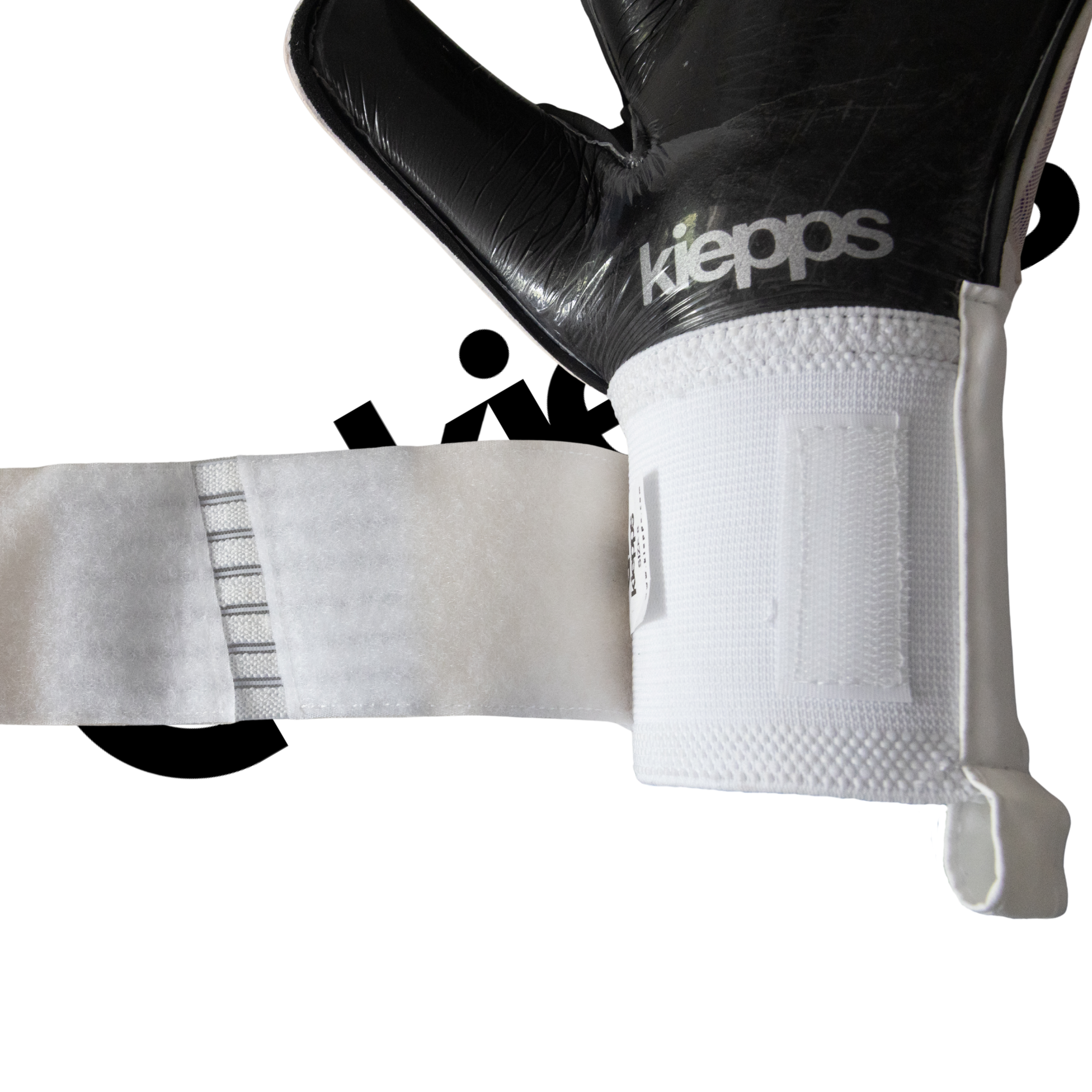 Close-up of a black and white Kiepps goalkeeper glove with a white wrist wrap, shown against a white background.