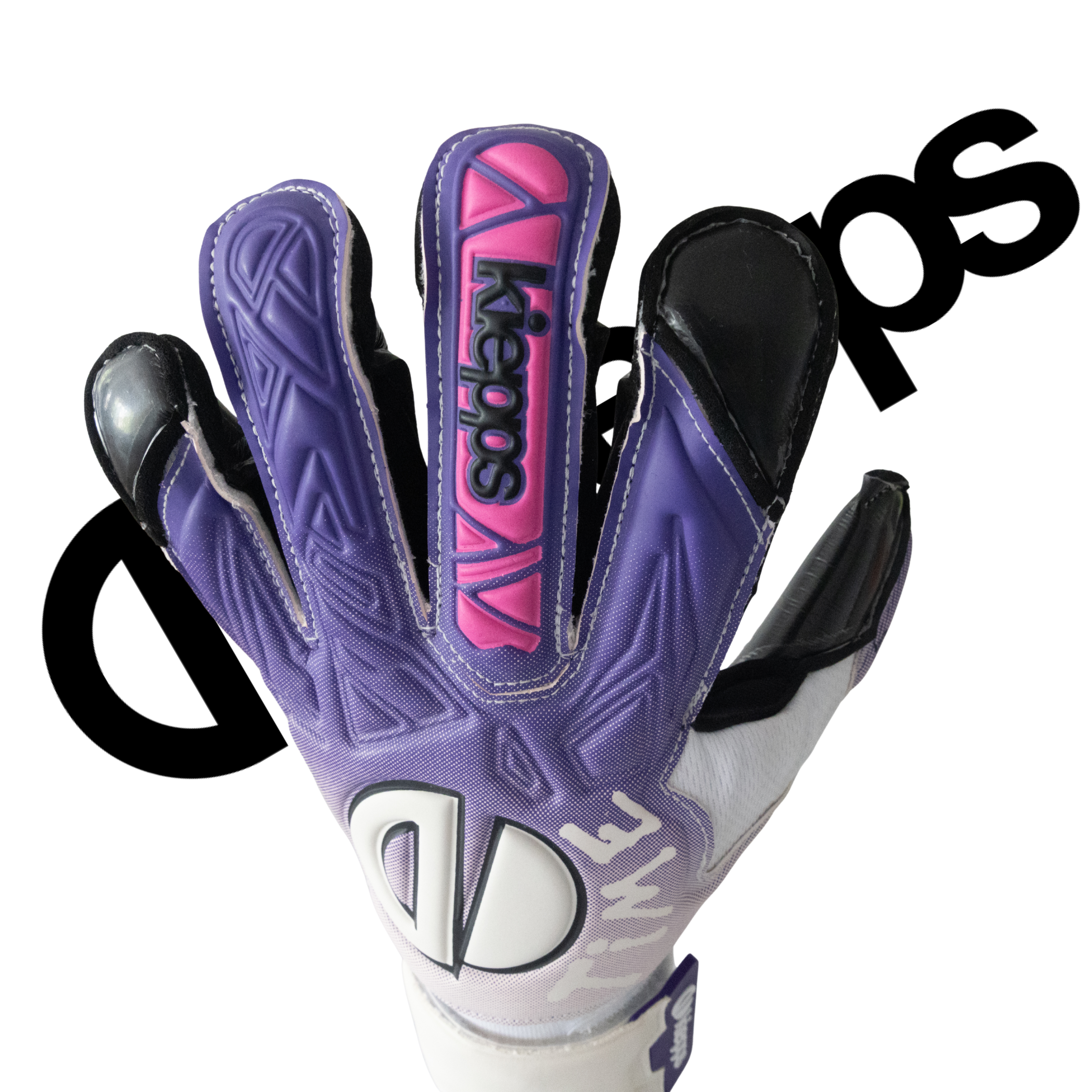 A close-up of a goalkeeper glove showing the back of the hand, featuring purple and pink Kepps padding, black finger protectors, and a white and gray wrist cuff on a white background with a black stylized watermark.