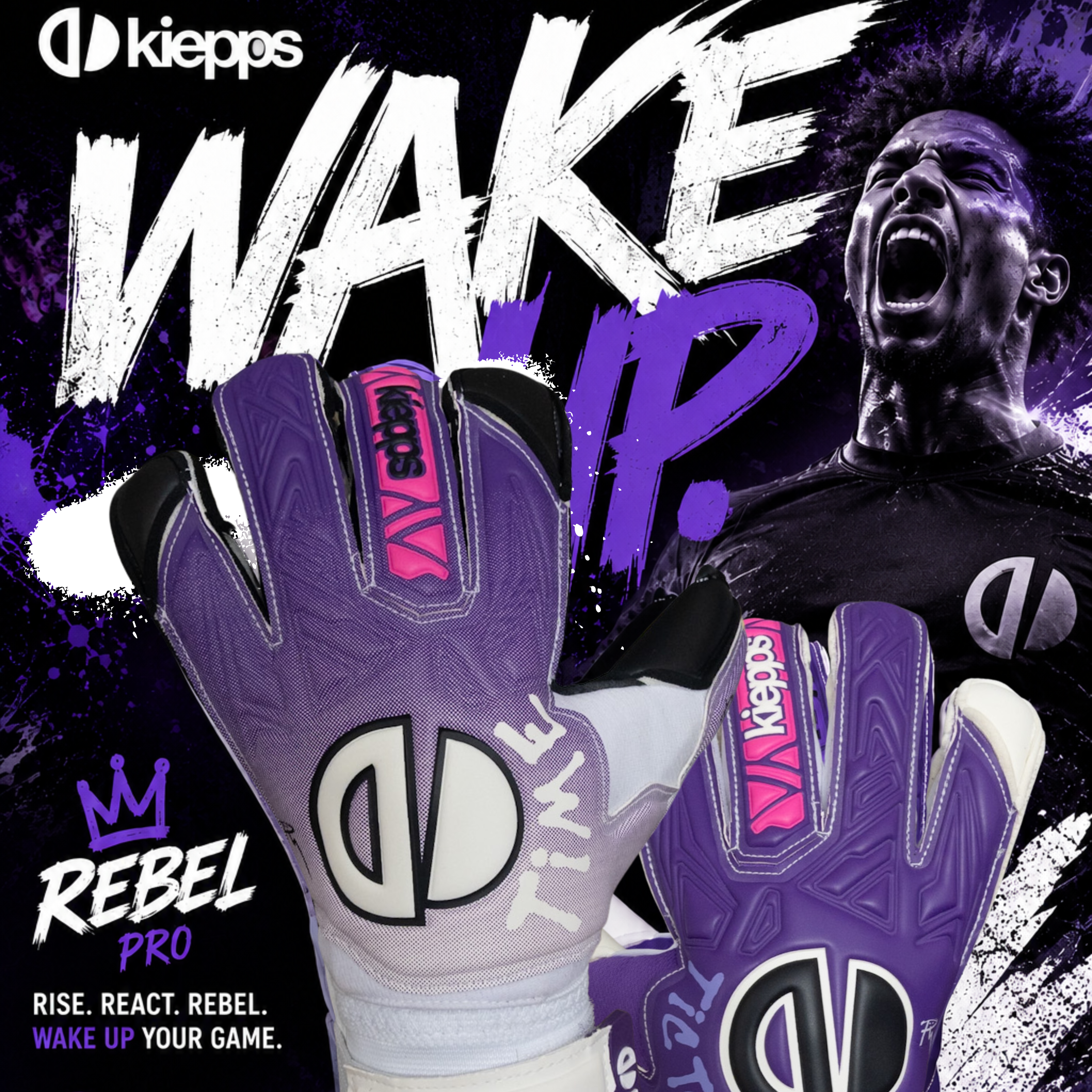 Kiepps Rebel Pro soccer gloves in purple, white, and black, displayed against a dynamic purple and black graphic background featuring a player and bold text.