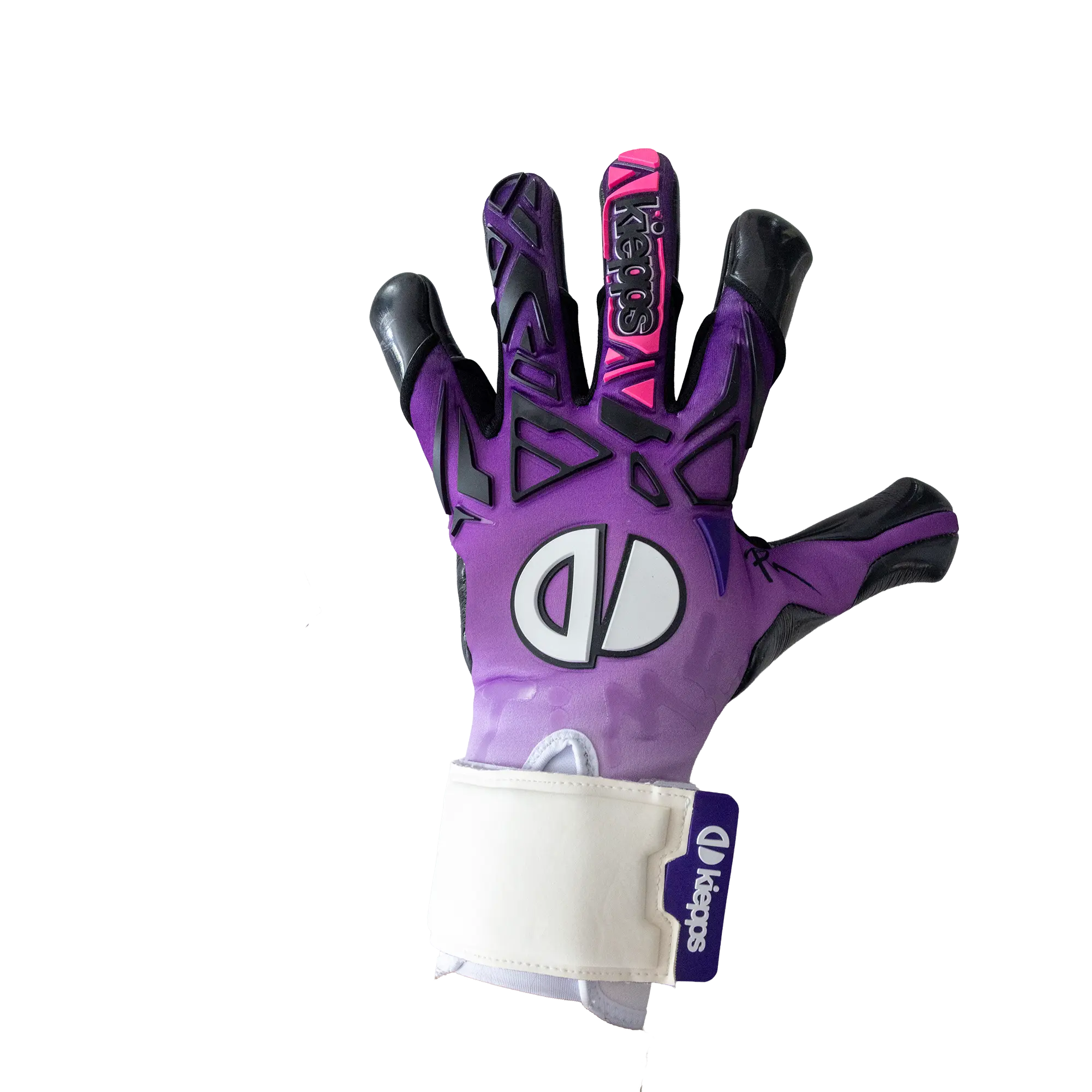A Champion goalkeeper glove in purple, black, and pink, shown from the back with the white wrist strap visible against a plain white background.