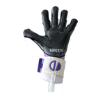 A black goalkeeper glove with the brand name 'Kiepps' printed in white on the back of the hand, paired with a white and purple wrist strap, isolated on a white background.