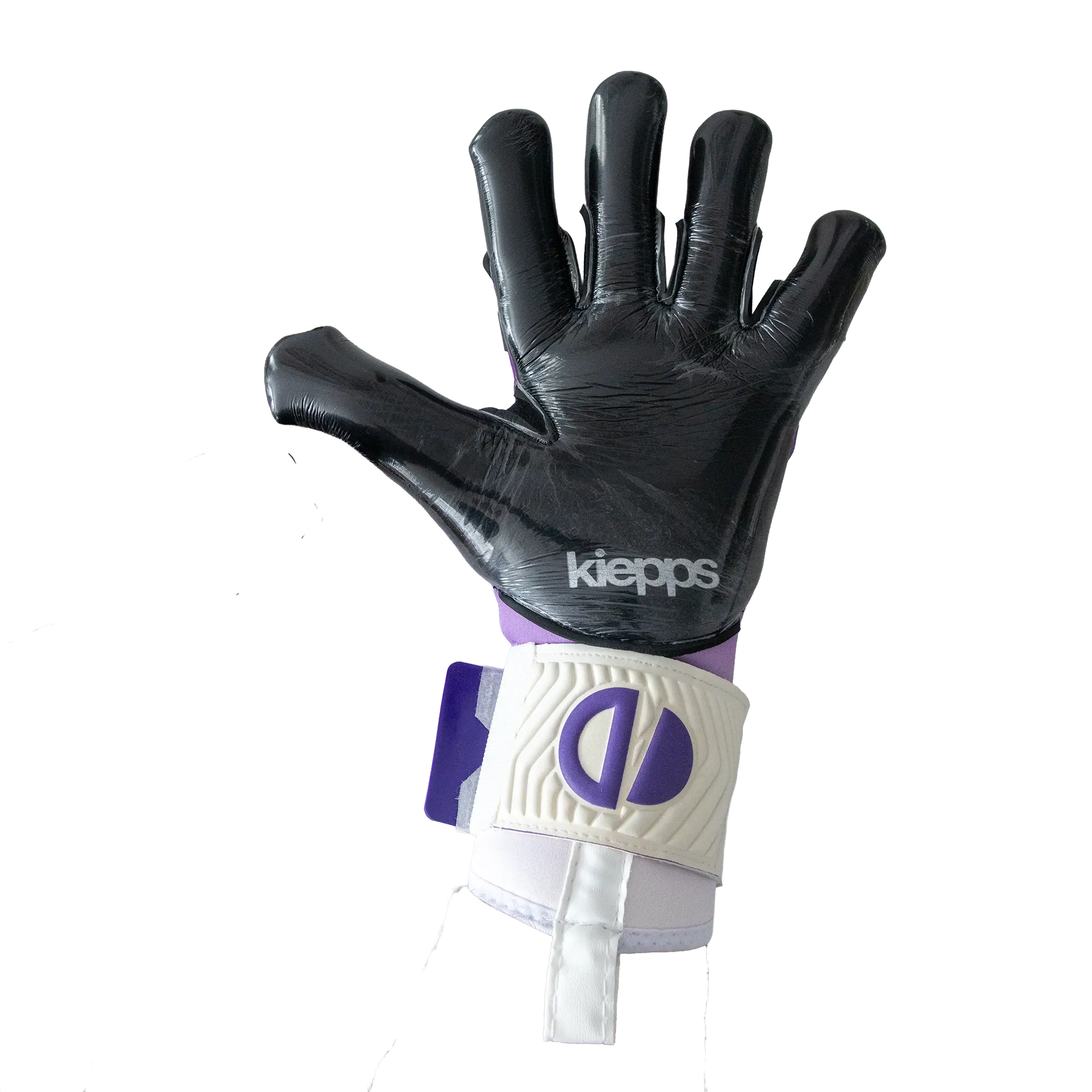 A black goalkeeper glove with the brand name 'Kiepps' printed in white on the back of the hand, paired with a white and purple wrist strap, isolated on a white background.