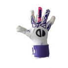 A Champion goalkeeper glove shown from the back, featuring a white leather base with purple geometric patterns, a purple wrist strap, and a pink finger cover on a white background.