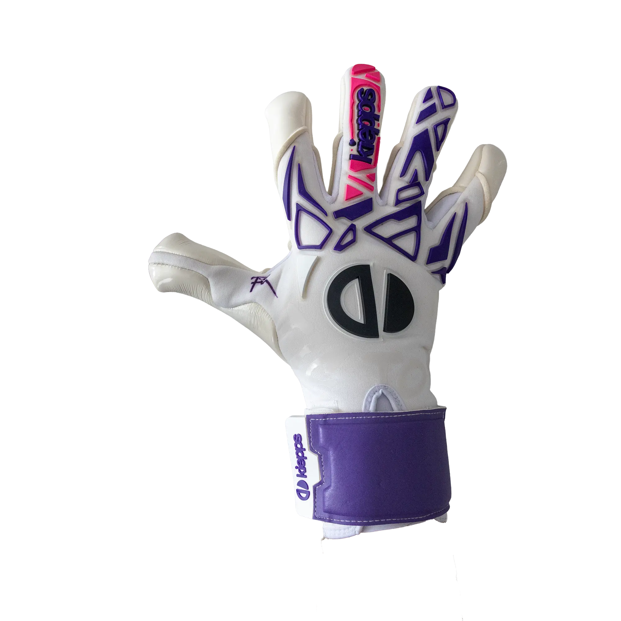 A Champion goalkeeper glove shown from the back, featuring a white leather base with purple geometric patterns, a purple wrist strap, and a pink finger cover on a white background.