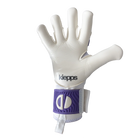 A white goalkeeper glove with a purple wrist strap featuring a white 'K' logo, shown against a plain white background.