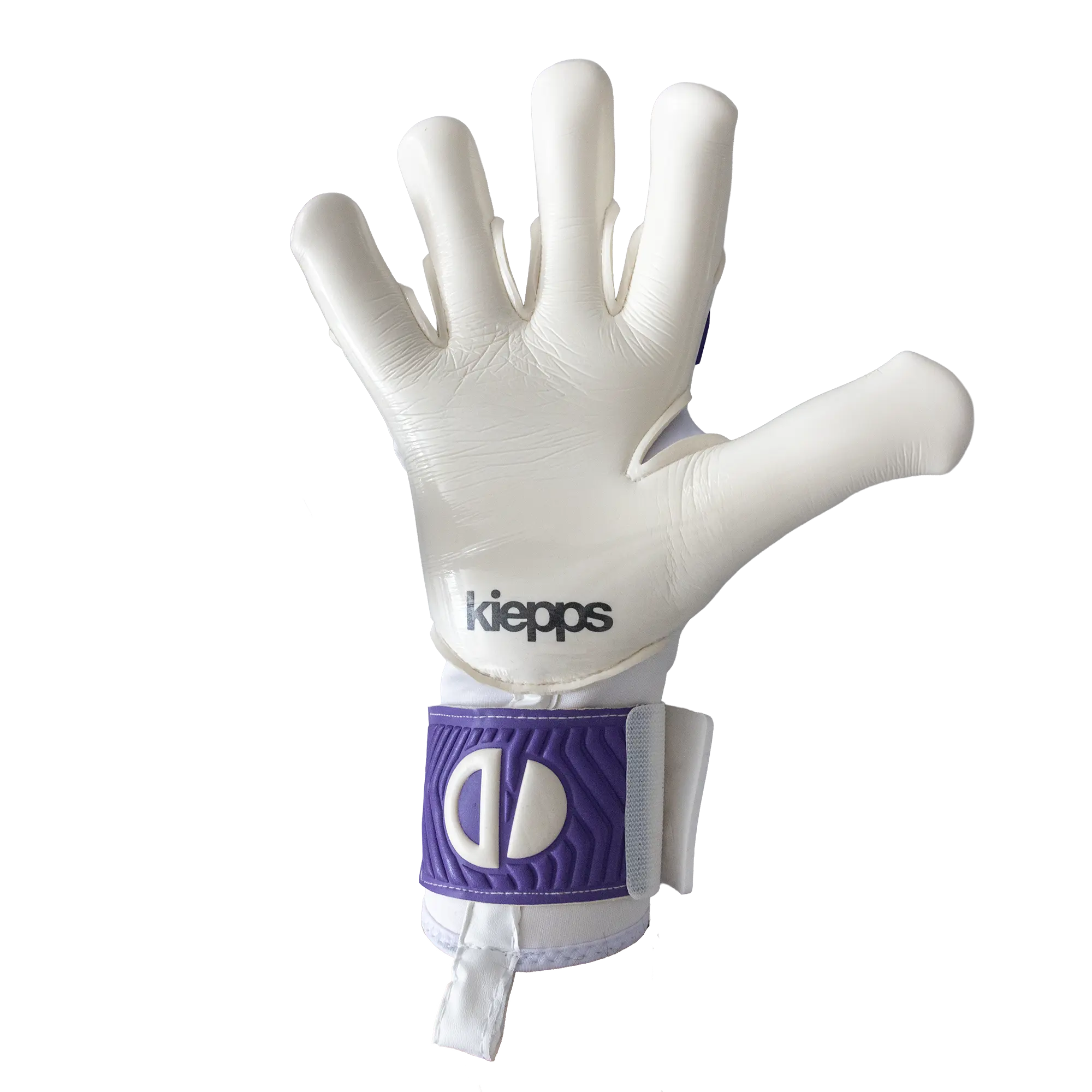 A white goalkeeper glove with a purple wrist strap featuring a white 'K' logo, shown against a plain white background.